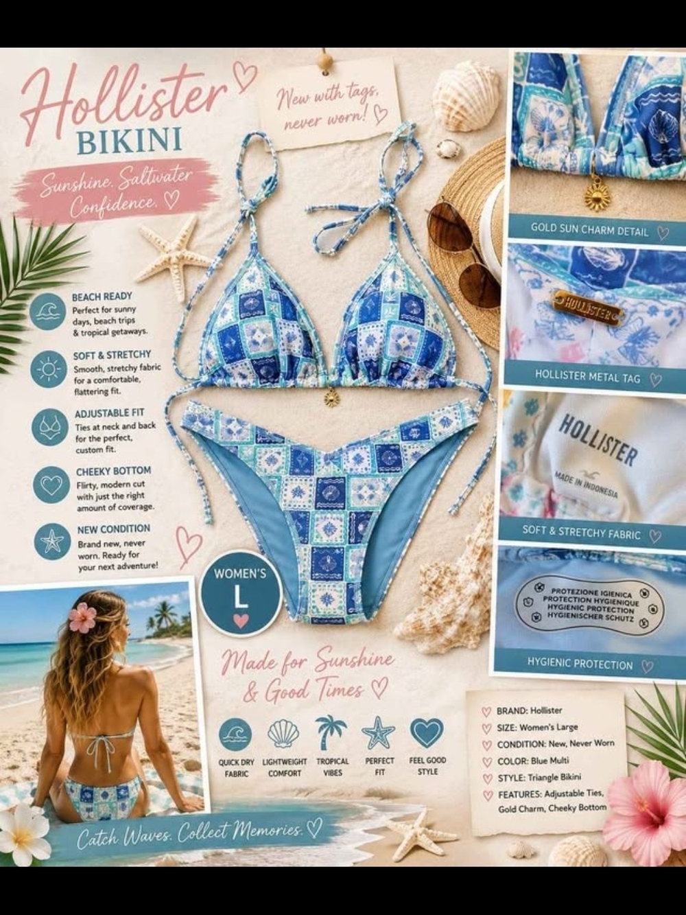 NEW! Hollister Blue Tile Print Triangle Bikini Set NEVER WORN